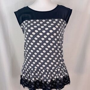 Ann Taylor Cap Sleeve Polka Dot T- Shirt with Lace Trim